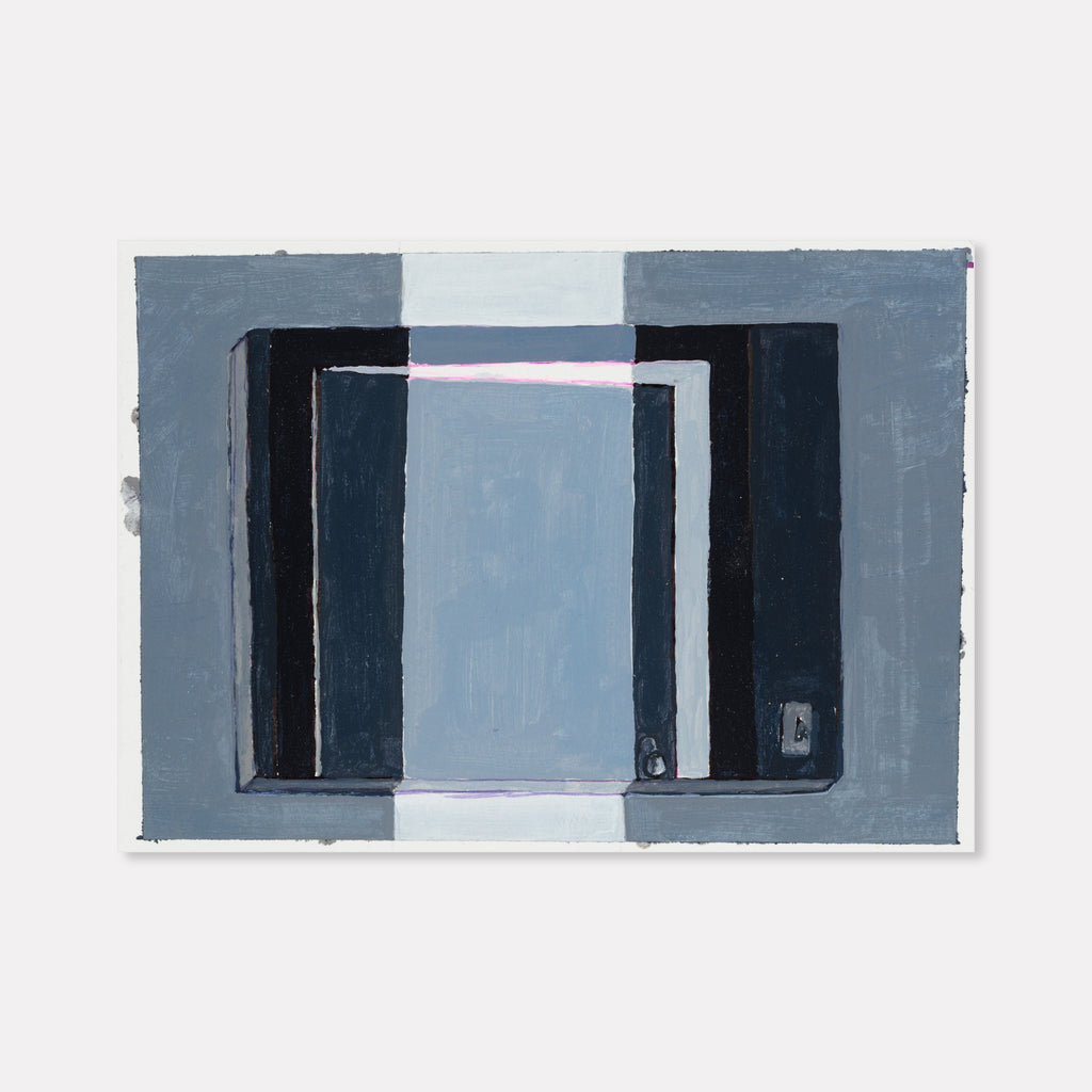The artwork 'Closing Door 2' by Til Will features a minimalist geometric composition in shades of gray and blue. A central rectangular doorway frame is depicted using bold dark lines against a lighter background, creating depth and perspective. The acrylic on paper piece uses clean lines and subtle color transitions to capture architectural simplicity. By Til Will.