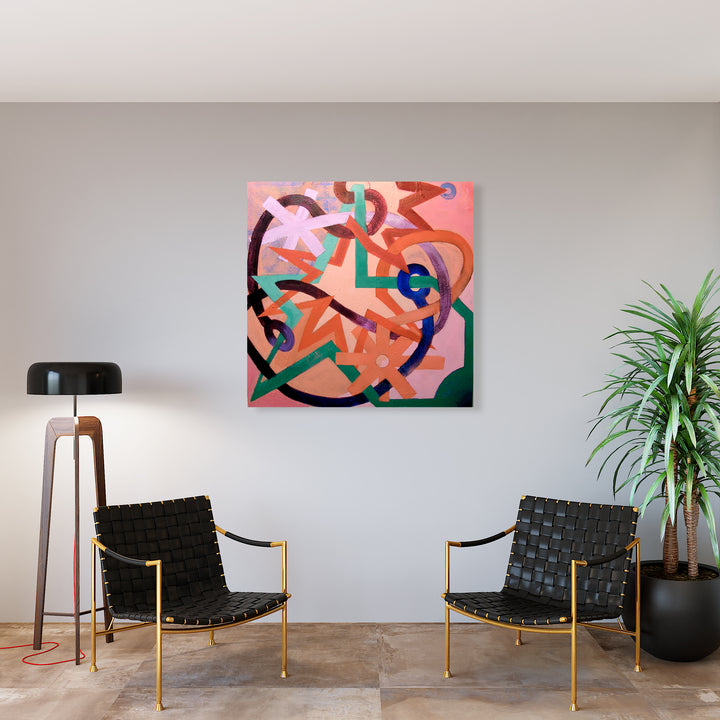 The artwork 'Cluster' by Fred Bendheim features dynamic abstract shapes intertwining in vibrant colors. Pink, turquoise, and orange geometric forms create a lively composition on a 48x48 inch oil canvas. Curved black lines intersect with angular elements, producing a rhythmic, modernist design that suggests movement and interconnectedness. By Fred Bendheim.