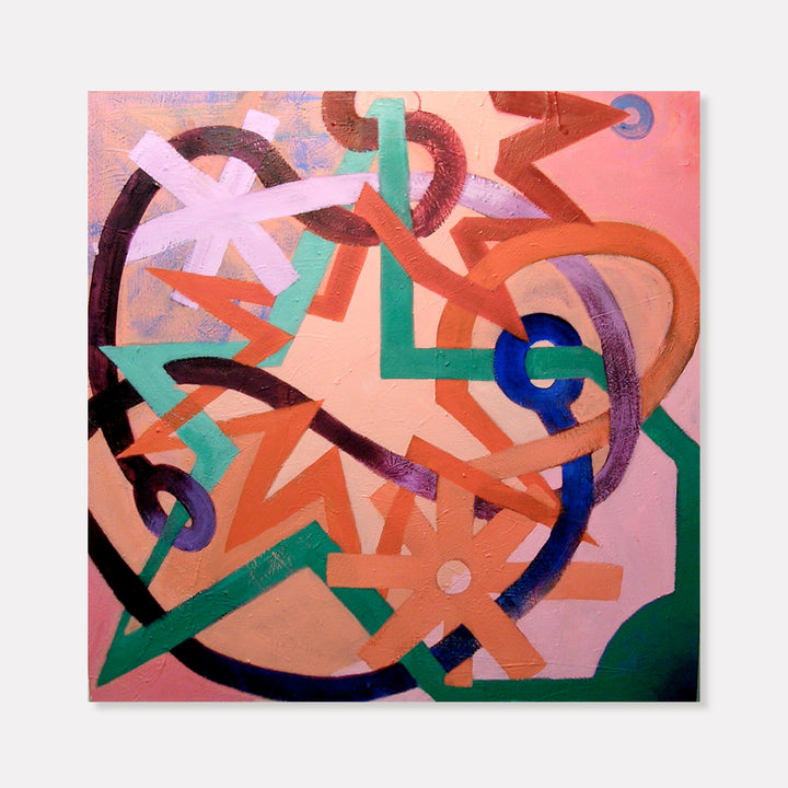 The artwork 'Cluster' by Fred Bendheim features abstract geometric shapes in vibrant coral, mint green, and deep blue hues against a soft pink background. Angular lines and curved forms intersect dynamically, creating a rhythmic composition reminiscent of modernist design. The oil painting on canvas displays bold brushwork and playful color interactions.