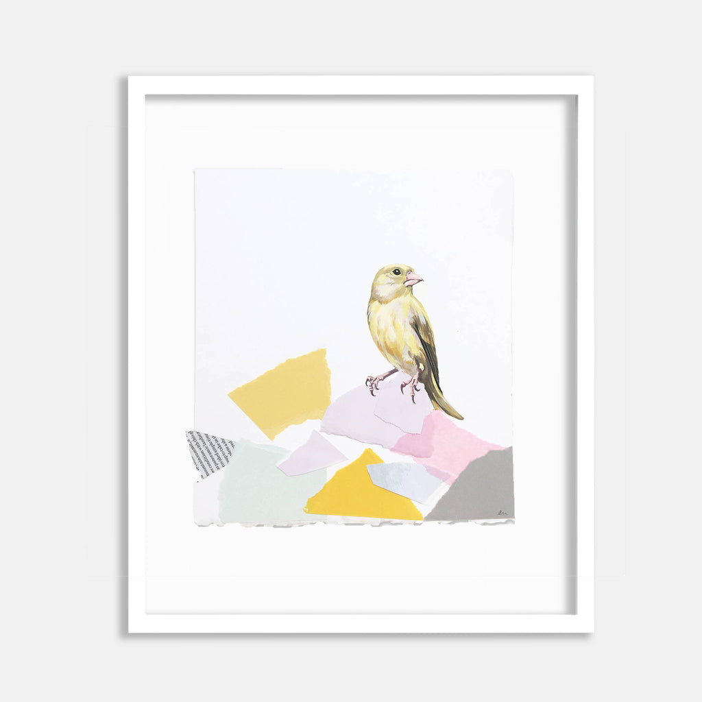 The artwork 'Collaboration No.1' by Lauren Matsumoto features a delicate yellow songbird perched atop an abstract landscape of torn paper collage elements in pastel pink, mint green, yellow, and gray. The bird is rendered in detailed watercolor against a clean white background, creating a minimalist yet expressive mixed-media composition.
