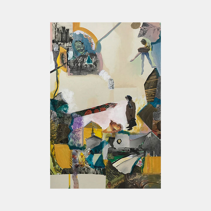 The artwork 'Collected Memories 3' by Sinejan Kılıç Buchina features an abstract mixed media collage combining geometric shapes and fragments in teal, yellow, and cream tones. The composition incorporates layered textures, paper elements, and gestural marks, creating a dynamic interplay of forms against a neutral background. Oil, pastel, and acrylic techniques blend seamlessly in this contemporary piece.