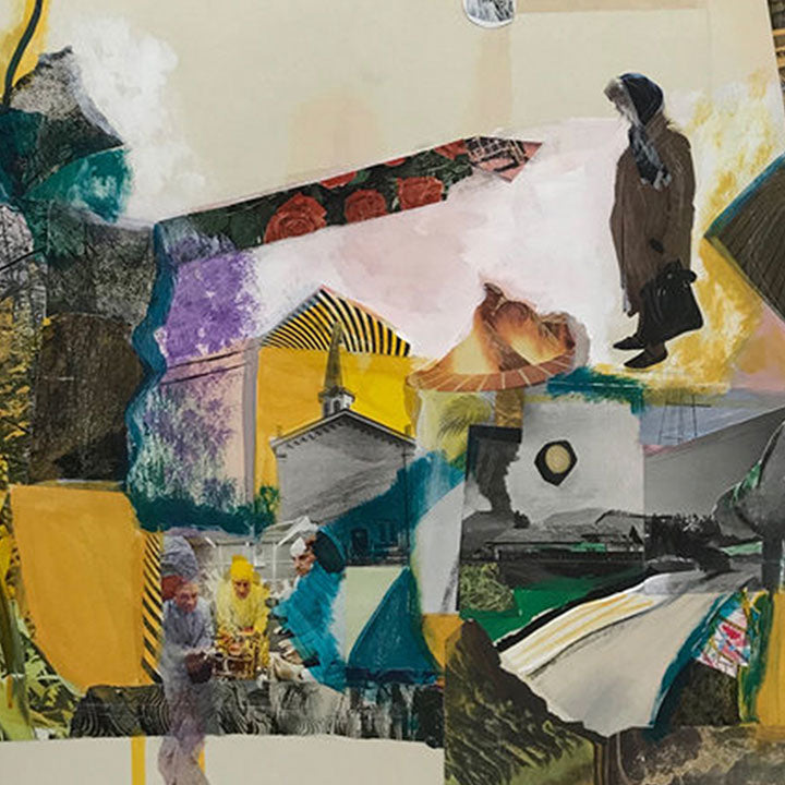 The artwork 'Collected Memories 3' by Sinejan Kılıç Buchina features a dynamic mixed media collage combining abstract and figurative elements. Bold yellow geometric shapes contrast with teal accents and muted grays, while paper fragments create layered textures. Dark silhouetted figures appear amid architectural elements, creating a dreamlike urban narrative through oil, pastel, pencil, and acrylic techniques.