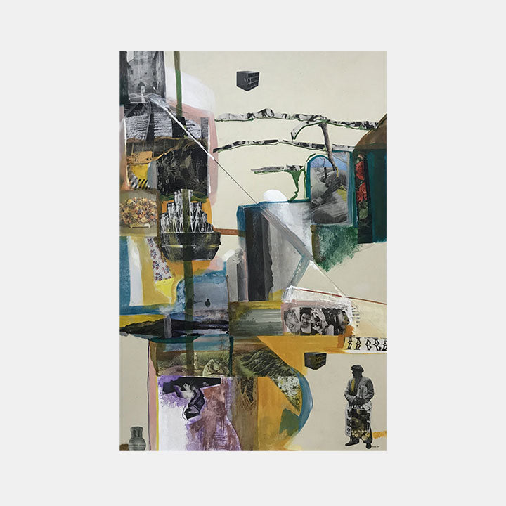 The artwork 'Collected Memories 5' by Sinejan Kılıç Buchina features an abstract mixed media composition combining geometric shapes, collaged elements, and expressive brushstrokes in a palette of muted grays, yellows, and teals. Textural elements and architectural fragments create a layered urban narrative, with bold lines intersecting vintage imagery and abstract forms.