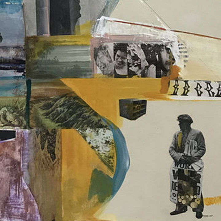 The artwork 'Collected Memories 5' by Sinejan Kılıç Buchina features a mixed media collage combining vintage photographs with abstract elements. Bold ochre and teal shapes intersect with landscape imagery and photographic fragments. Textural layers of oil paint, pastels, and acrylics create depth across the composition, while geometric forms and muted earth tones establish a nostalgic atmosphere.