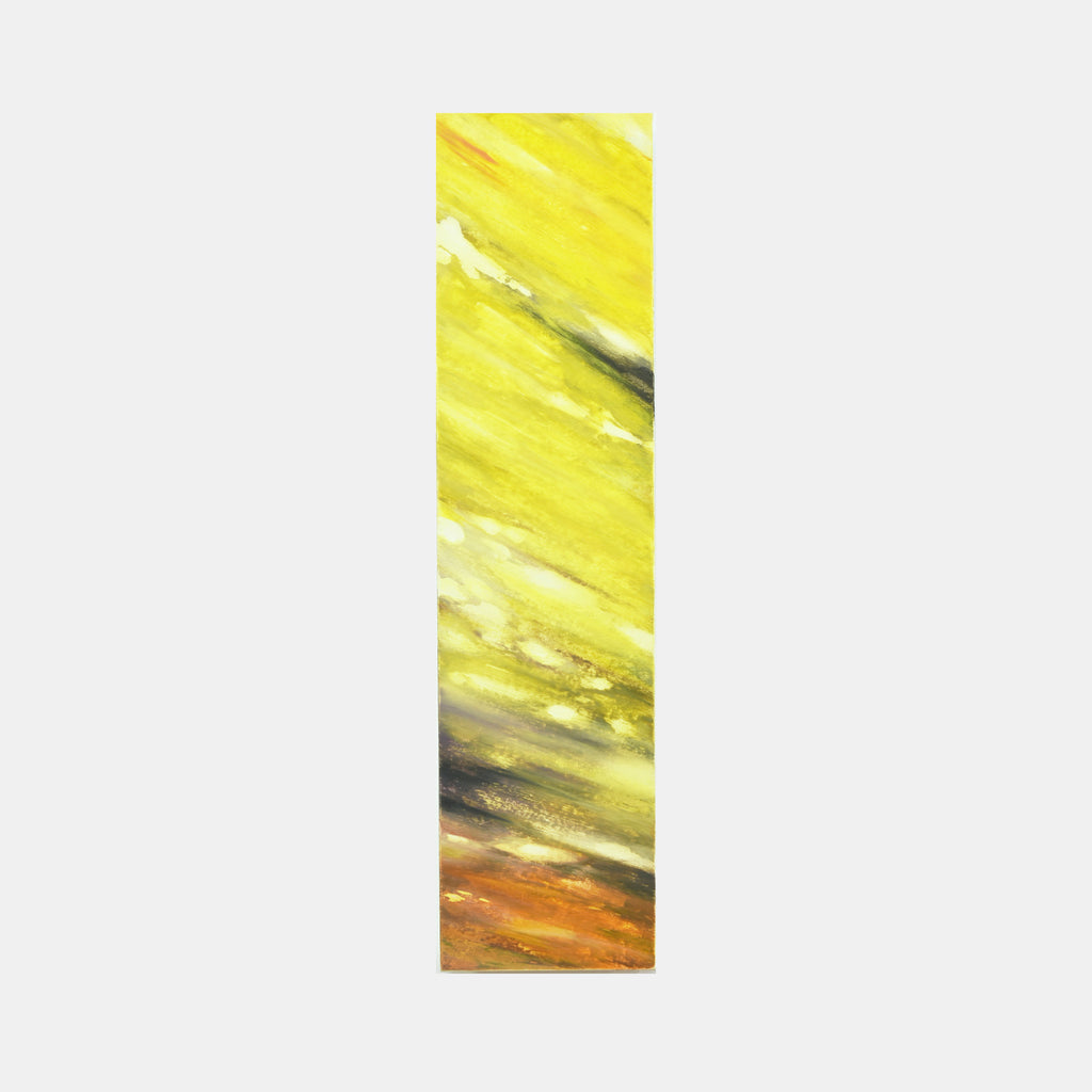 The artwork 'Colored Leaves II' by Takashi Harada features a vertical composition with dynamic brushstrokes transitioning from bright yellow to earthy orange. Created on Kozo Washi paper using acrylic gesso and cray pastel, the piece showcases abstract patterns reminiscent of autumn foliage, with bold diagonal strokes creating movement and depth. By Takashi Harada.