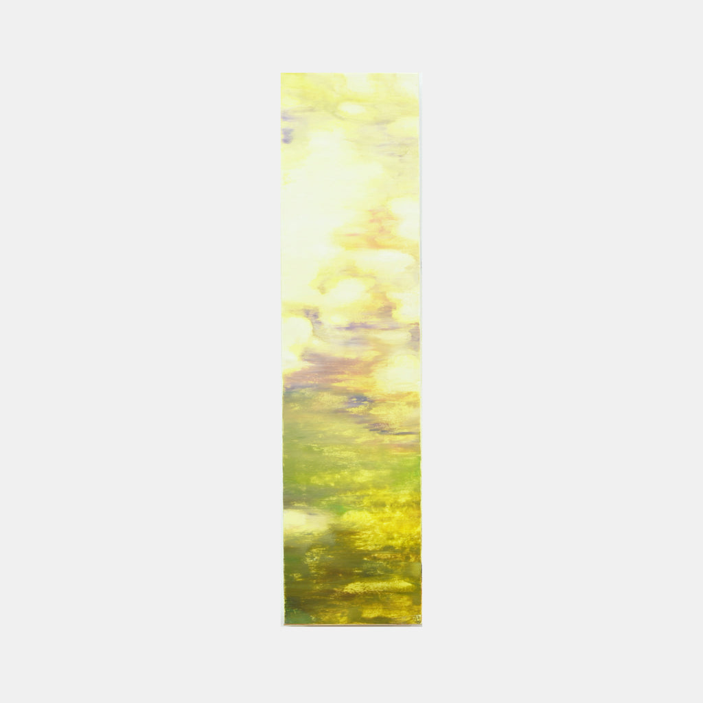 The artwork 'Colored Leaves III' by Takashi Harada features a vertical composition with ethereal yellow and green hues blending seamlessly, creating an atmospheric landscape effect. Rendered in acrylic gesso and cray pastel on Kozo Washi paper, the piece transitions from soft luminous yellows at the top to rich moss greens below, suggesting natural foliage in morning light.