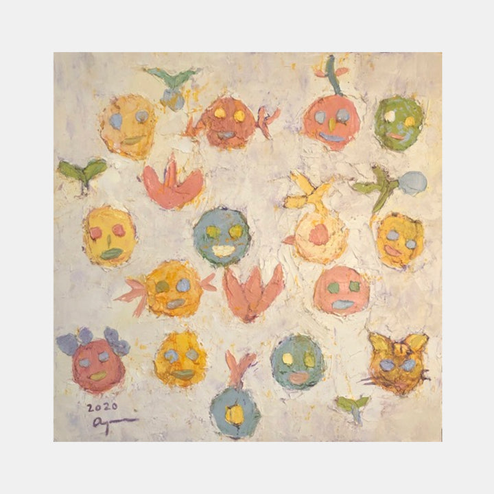 The artwork 'Community' by Ayane Kurai features playful circular faces in pastel colors scattered across a textured cream background. Each face exhibits unique expressions in soft oranges, blues, and greens, with delicate leaf-like elements and small birds interspersed throughout the 24x24 inch oil painting, creating a whimsical and harmonious composition.