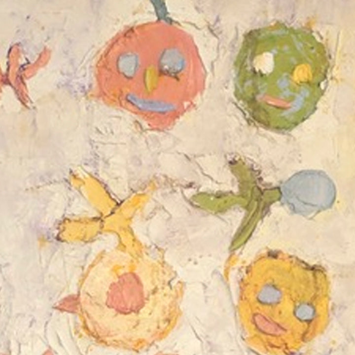 The artwork 'Community' by Ayane Kurai features whimsical, abstract faces in a playful arrangement. Four circular forms in coral pink, olive green, cream, and golden yellow are painted with expressive brushstrokes on a textured cream background. Each face shows distinct characteristics through loosely painted eyes and smiles, creating a harmonious oil painting composition.