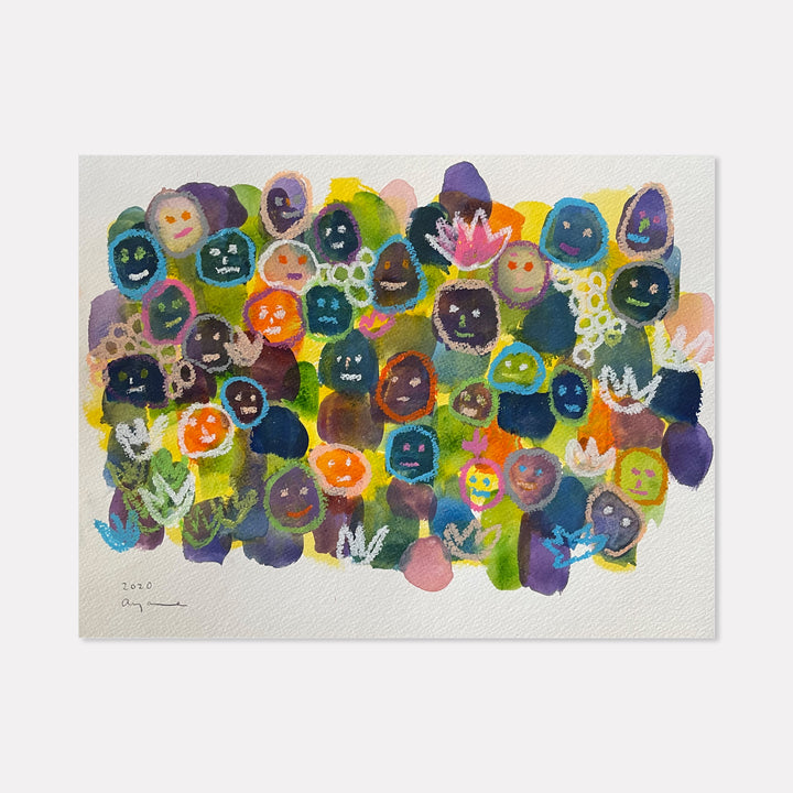The artwork 'Community is Important' by Ayane Kurai features a vibrant cluster of abstract circular faces created with watercolor and cray-pas. The composition displays whimsical expressions in purple, yellow, orange, green, and blue hues, with small crown-like shapes scattered throughout, creating a playful and unified group portrait on textured paper.