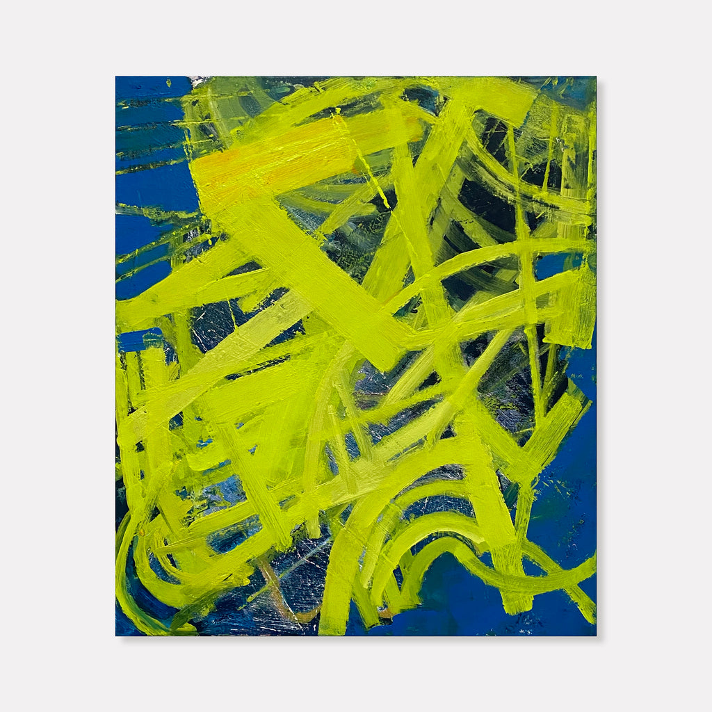 The artwork 'Compassed' by Julie Shapiro features dynamic brushstrokes of vibrant neon yellow sweeping across a deep blue background. The oil painting showcases energetic, abstract expressionist style with thick, gestural strokes creating an intricate network of curved lines and movement. The textured canvas reveals layers of paint application, combining bold contrasts and artistic spontaneity.