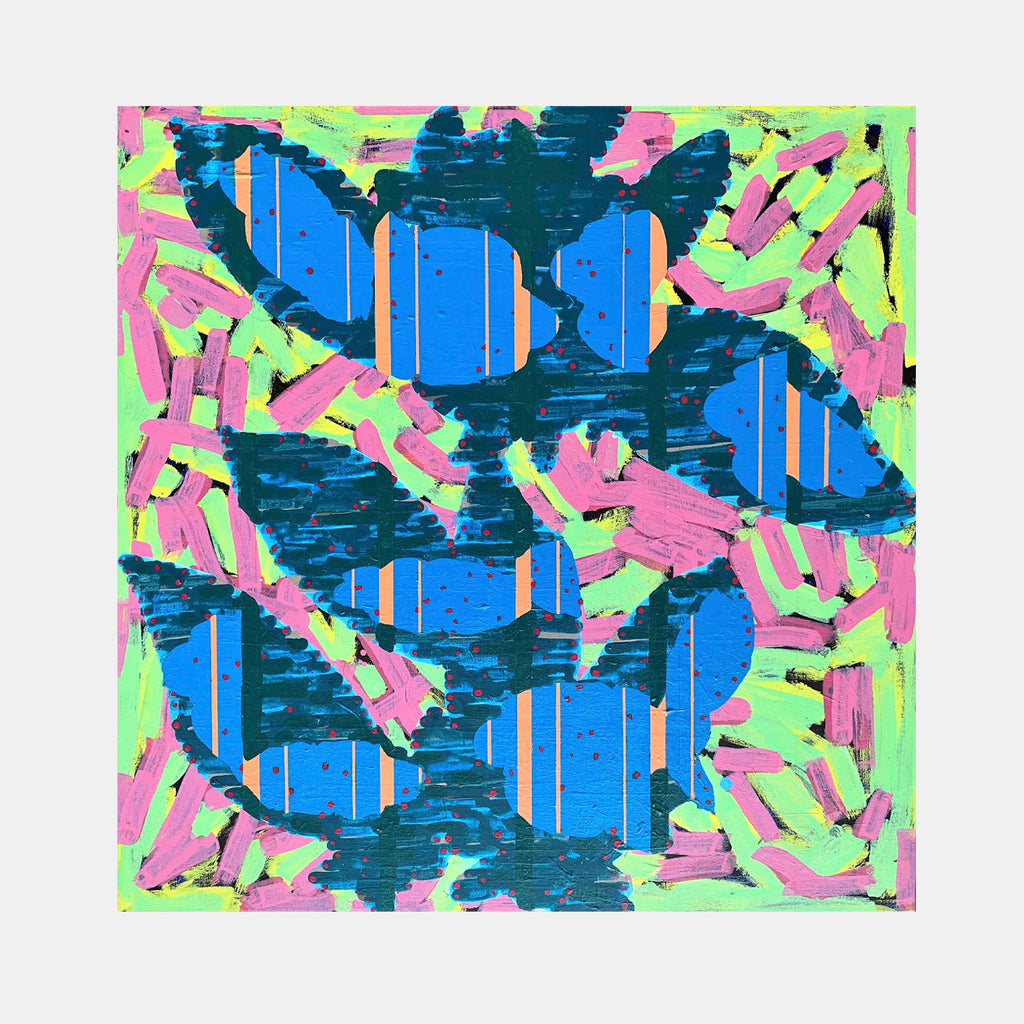 The artwork 'Composition No. 109' by Raul Ortiz features bold geometric abstraction with vibrant electric blue segments bordered by deep teal shapes, accented with dynamic strokes of neon pink and lime green. The 30x30 inch acrylic on linen painting creates a striking pattern of intersecting forms and energetic brushwork.