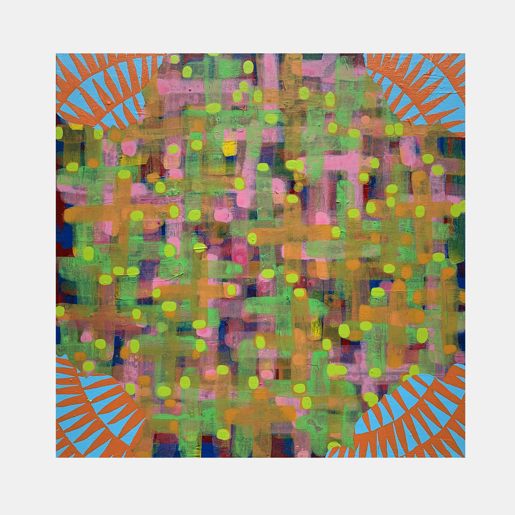 The artwork 'Composition No. 176' by Raul Ortiz features a vibrant abstract pattern with mosaic-like elements in green, pink, and orange tones, bordered by geometric blue and orange radiating shapes. The acrylic on linen painting combines dotted patterns with brushstroke textures in a contemporary style, creating a dynamic 18x18 inch composition by Raul Ortiz.