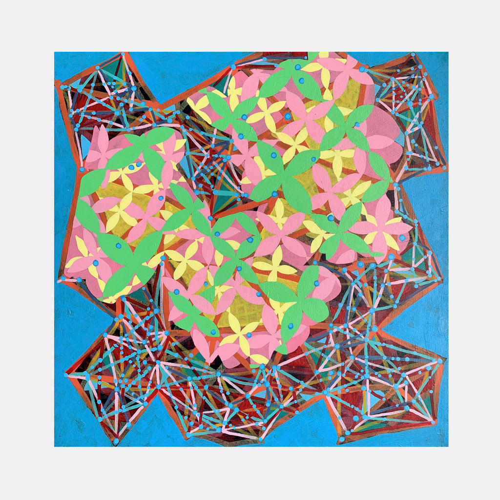 The artwork 'Composition No. 183' by Raul Ortiz features vibrant geometric patterns with pink and yellow floral motifs arranged against green organic shapes, surrounded by an intricate brown and gray lattice framework on a bright blue background. This 30x30 inch acrylic on linen piece combines structured angular elements with soft, natural forms.
