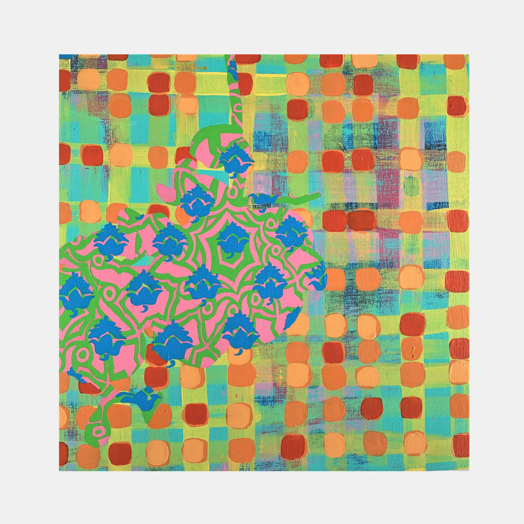 The artwork 'Composition No. 190' by Raul Ortiz features a vibrant abstract pattern combining geometric and organic forms. A mosaic-like background of turquoise and orange rounded squares contrasts with a cluster of blue floral motifs intertwined with pink accents and green curved lines. The acrylic on linen piece showcases a playful interaction between structured grid patterns and flowing botanical elements.