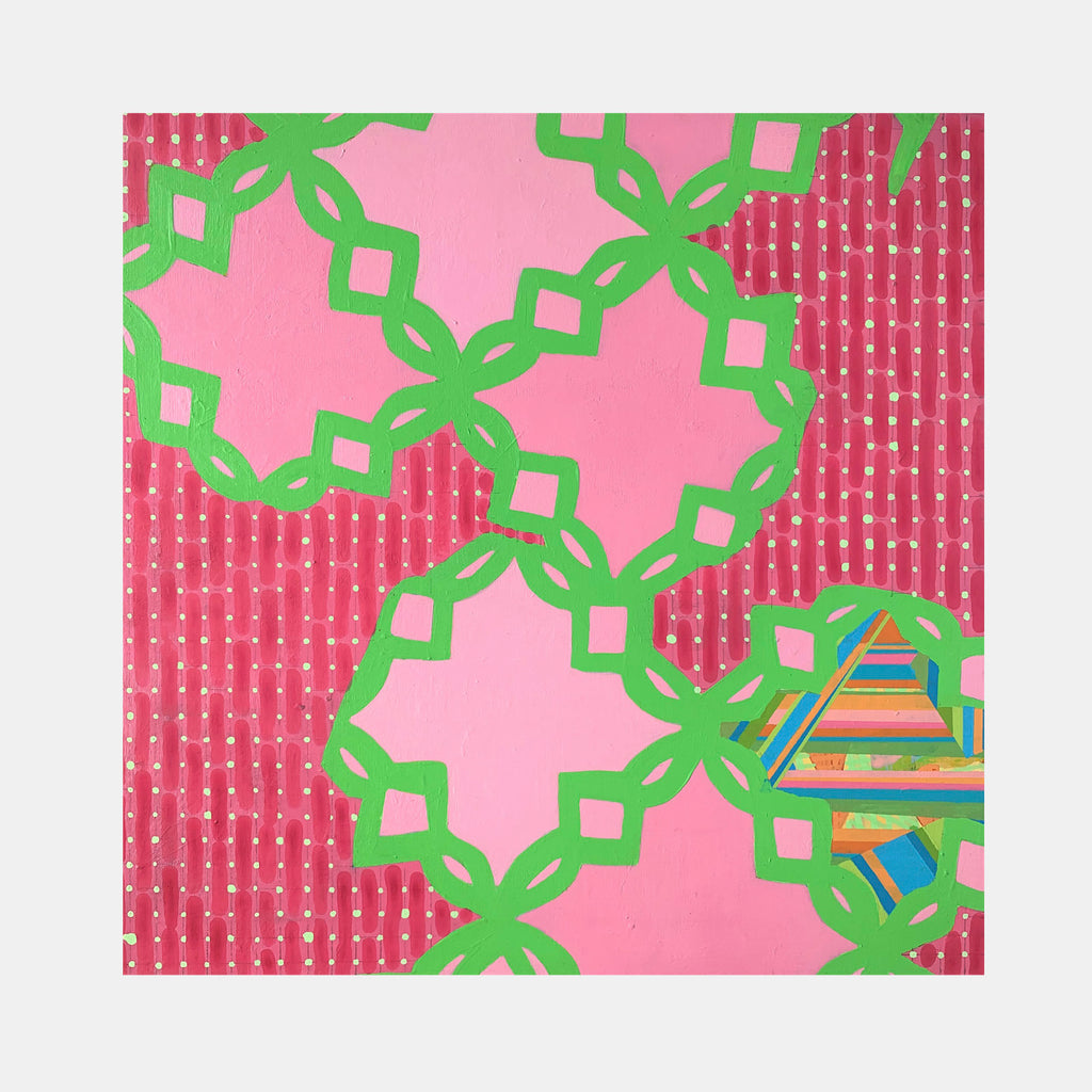 The artwork 'Composition No. 192' by Raul Ortiz features vibrant geometric patterns with interlocking green diamond chains forming circular motifs against a pink background. A textured red striped pattern adds depth to one side, while a small multicolored triangular element in rainbow hues appears in the corner. Created with acrylic on linen, 18x18 inches. By Raul Ortiz.