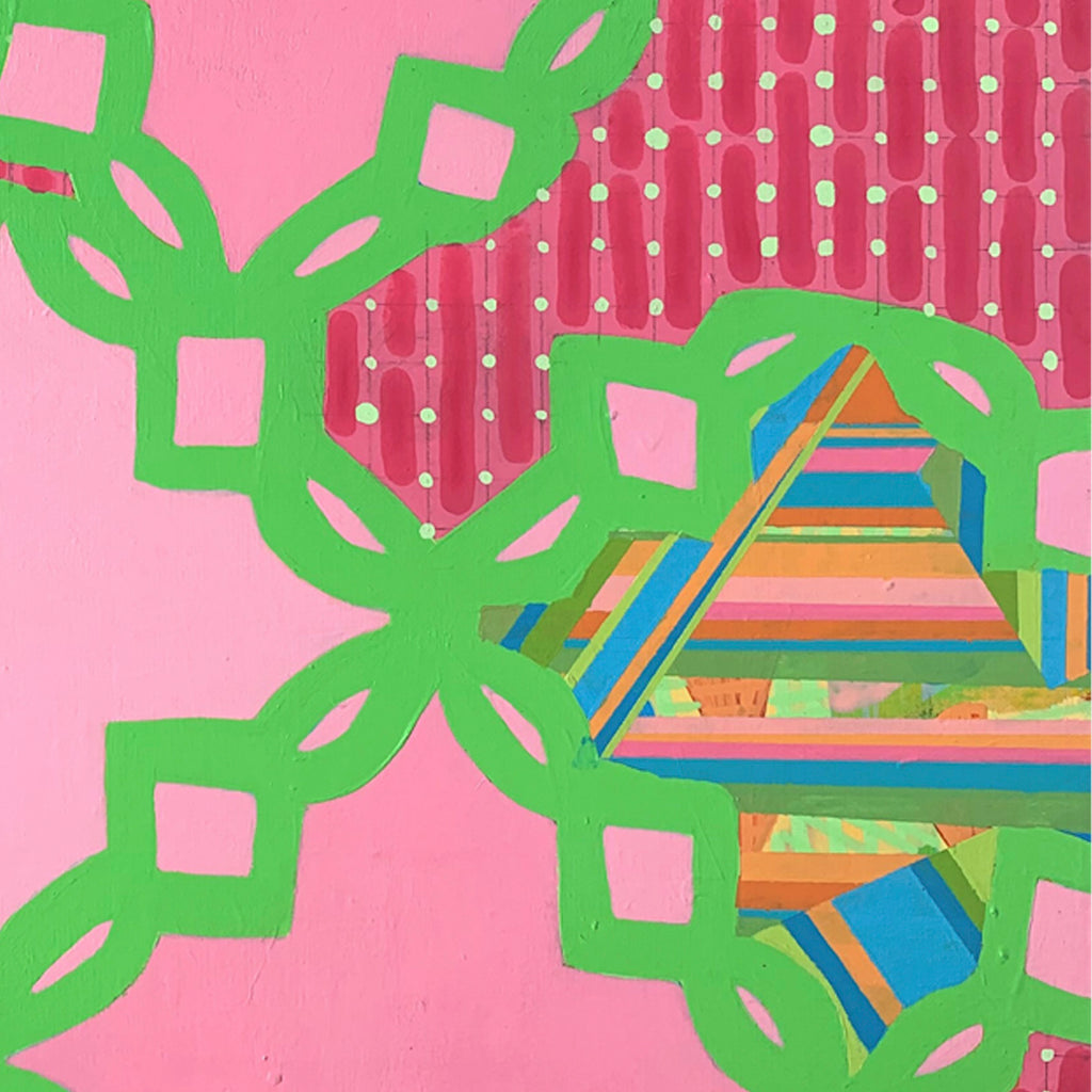 The artwork 'Composition No. 192' by Raul Ortiz features a vibrant geometric design with a bold lime green chain-like pattern overlaying a pink background. A colorful pyramid-style structure in blues, oranges, and yellows peeks through the cut-out pattern. Vertical dots create a delicate textural element on the right side. Acrylic on linen, 18x18 inches.