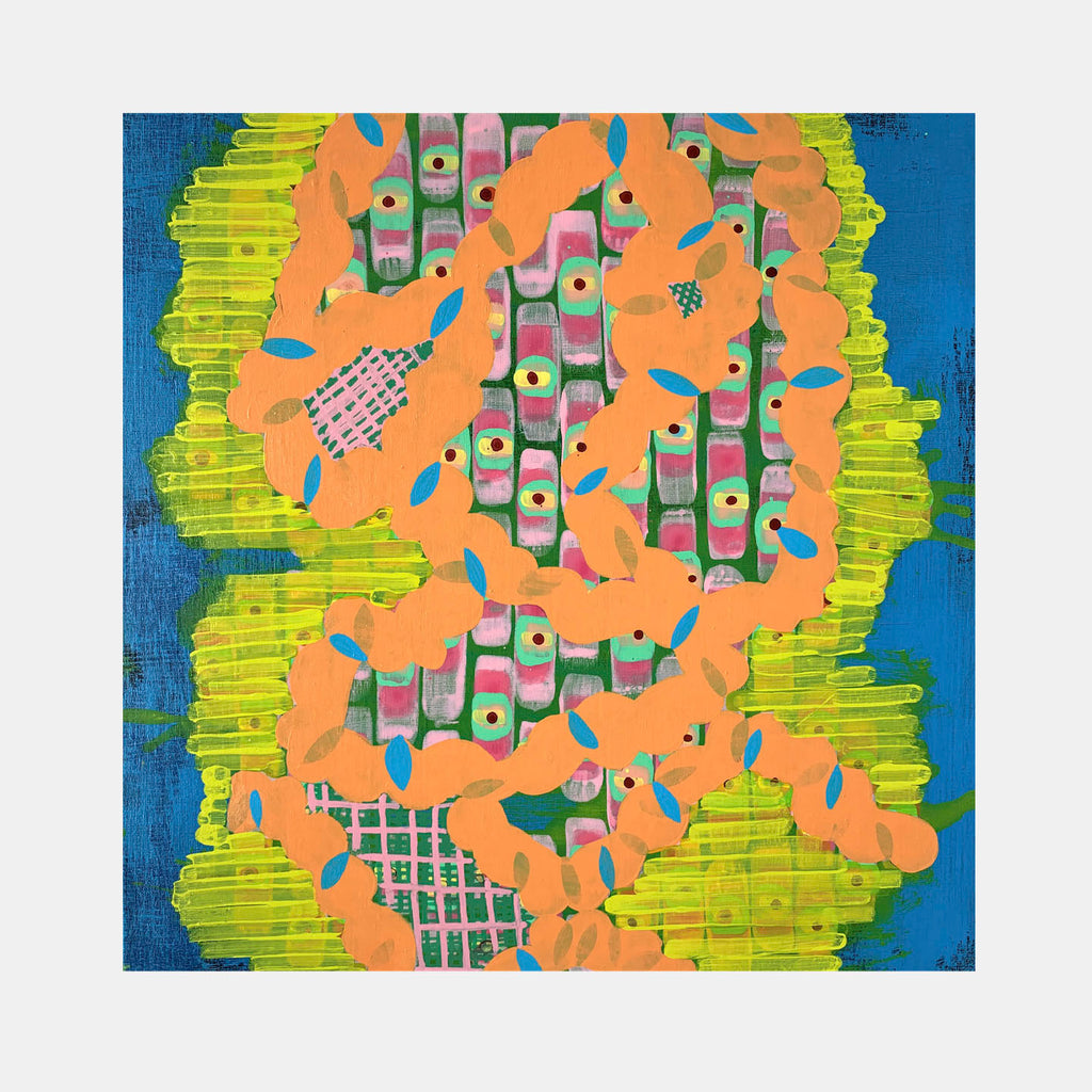 The artwork 'Composition No. 196' by Raul Ortiz features vibrant abstract patterns with coral-orange organic shapes against a bright blue background, bordered by lime-green gestural brushstrokes. Grid-like elements in silver and pink intersect the composition, while small turquoise accents create rhythmic movement throughout the 18x18 inch acrylic painting on linen.
