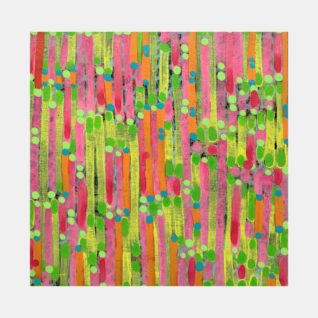 The artwork 'Composition No. 226' features vibrant vertical stripes in neon pink, lime green, and orange, interspersed with playful circular dots in turquoise and mint. The acrylic on linen painting creates a dynamic pattern of dripping lines and floating spheres, suggesting movement and rhythm across the 12x12 inch canvas. By Raul Ortiz.
