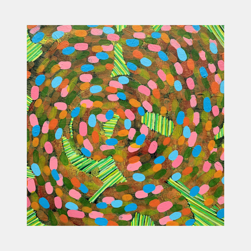 Composition No. 227 by Raul Ortiz features a vibrant spiral pattern with scattered oval shapes in pink, blue, and orange against an earthy brown background. Striking lime green striped segments create dynamic movement throughout the 12x12 inch acrylic painting on linen, forming a mesmerizing contemporary abstract design. By Raul Ortiz.