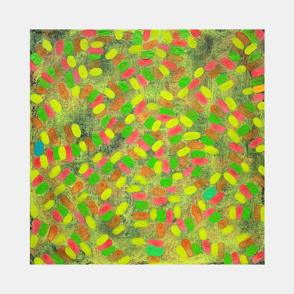 The artwork 'Composition No. 230' by Raul Ortiz features a vibrant abstract pattern of oval brush strokes in neon yellow, coral pink, and bright green against a textured olive background. The 12x12 inch acrylic on linen painting creates a dynamic mosaic-like effect with overlapping forms that appear to float and dance across the canvas.