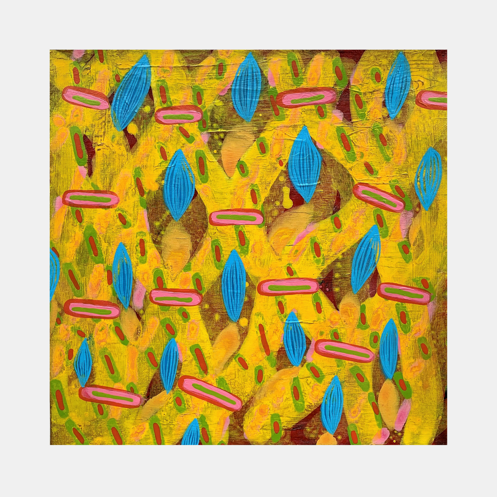 The artwork 'Composition No. 233' by Raul Ortiz features vibrant abstract patterns with bright turquoise diamond shapes and coral-pink elongated ovals scattered across a textured golden yellow background. The 12x12 inch acrylic on linen painting showcases a rhythmic arrangement of geometric forms with organic leaf-like elements in olive green, creating a dynamic and playful composition.