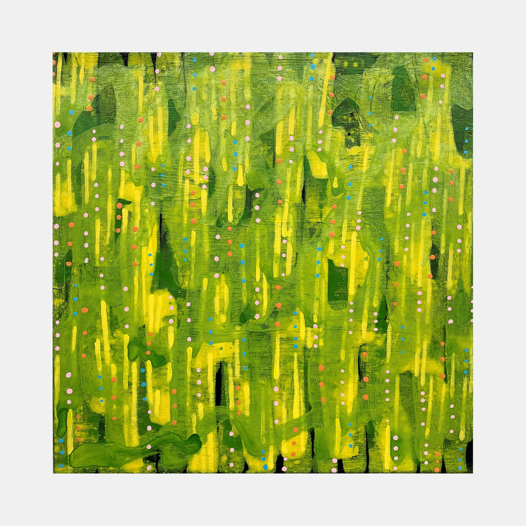 The artwork 'Composition No. 234' by Raul Ortiz features vibrant vertical brushstrokes in lime green and bright yellow, creating a dynamic forest-like pattern. Abstract dots and dashes scattered throughout add depth to the textured acrylic painting on linen, measuring 12x12 inches. The energetic composition suggests movement and natural rhythm.