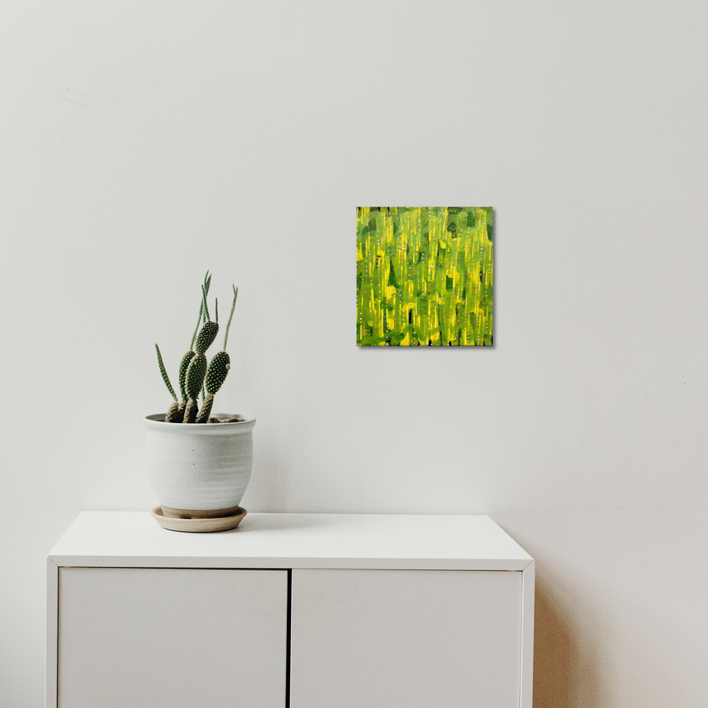 The artwork 'Composition No. 234' by Raul Ortiz features vibrant vertical brushstrokes in lime green and yellow hues creating an abstract pattern reminiscent of bamboo forest. The 12x12 inch acrylic painting on linen canvas displays energetic texture and dynamic movement through bold gestural strokes against a natural background.