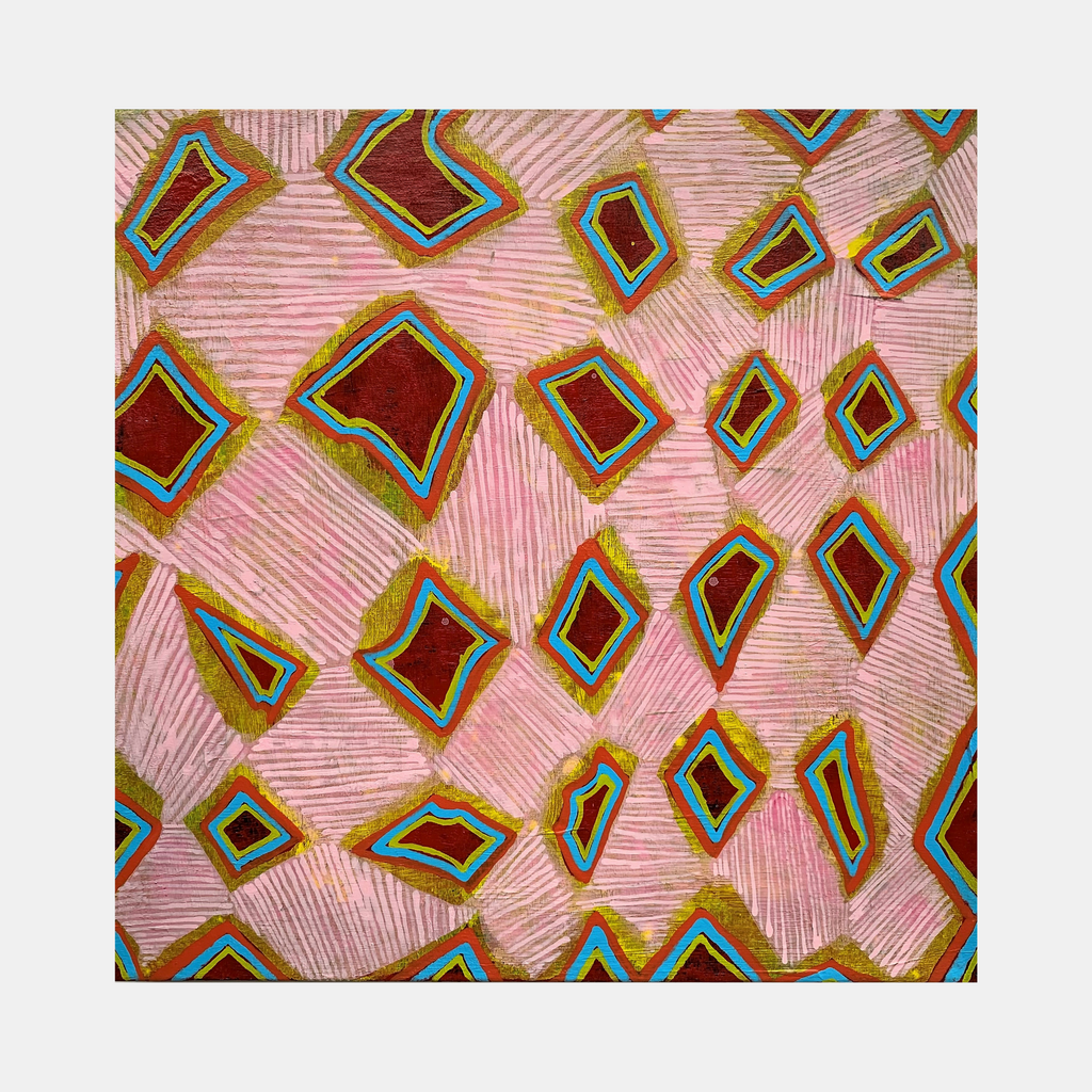 Composition No. 235 by Raul Ortiz features geometric diamond shapes in deep burgundy with turquoise and gold borders scattered across a textured pink background. The abstract pattern shows fine linear details etched into the linen surface, creating a rhythmic, contemporary composition using acrylic paint. 12x12 inches artwork by Raul Ortiz