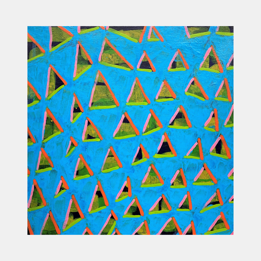 Composition No. 237 by Raul Ortiz features a vibrant geometric pattern of repeating triangles in olive green with coral-pink outlines set against a bright turquoise blue background. The textured acrylic on linen creates a dynamic surface with a rhythmic, modern abstract design that showcases precise geometric repetition. 12x12 inches artwork by Raul Ortiz.