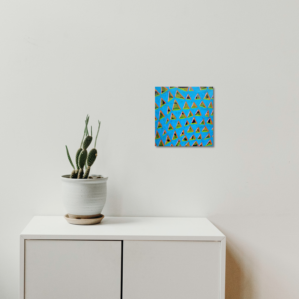 The artwork 'Composition No. 237' by Raul Ortiz features vibrant turquoise background with repeating golden triangle patterns arranged in a geometric grid formation. The 12x12 inch acrylic on linen painting creates a dynamic visual rhythm through its precise pattern placement, showing contemporary minimalist style and expert color interplay. - By Raul Ortiz