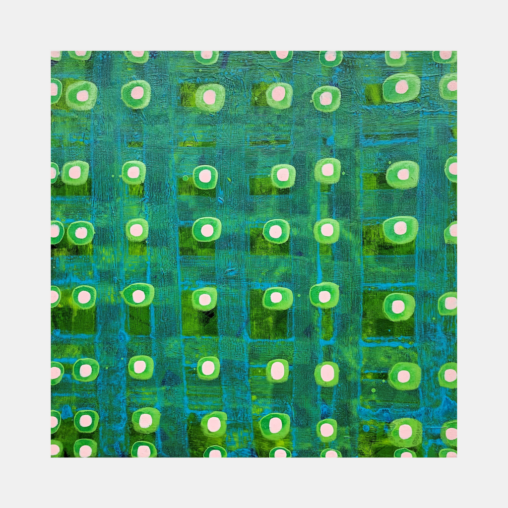The artwork 'Composition No. 238' by Raul Ortiz features a geometric pattern of repeating circular forms in lime green and white against a vibrant turquoise background. The acrylic on linen painting displays a grid-like arrangement of luminous dots, creating a rhythmic, modern abstract design with textural brushwork and organic variations in the 12x12 inch composition.