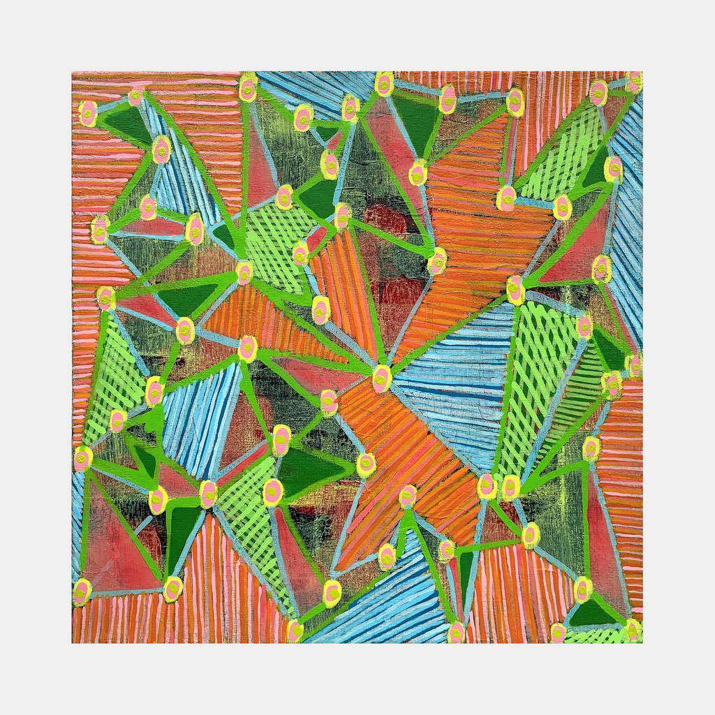 The artwork 'Composition No. 240' by Raul Ortiz features dynamic geometric patterns in vibrant green, orange, and turquoise. Abstract triangular shapes interconnected by yellow circular nodes create a structured network pattern. Textured striations and crosshatching add depth to each colored segment, while acrylic on linen provides rich, saturated hues in this contemporary geometric composition.