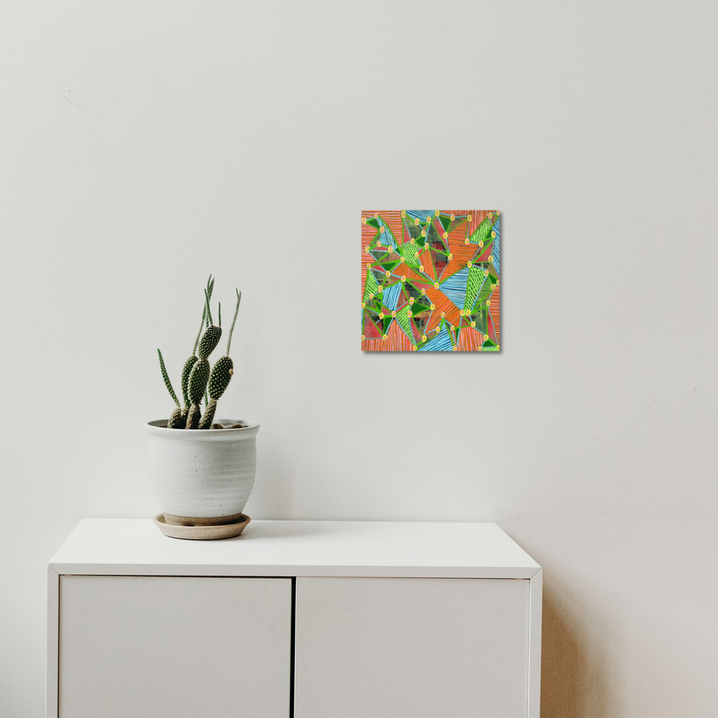 The artwork 'Composition No. 240' by Raul Ortiz features vibrant abstract patterns with dynamic brushstrokes in bright green, orange, and turquoise blue on linen canvas. Angular geometric shapes and organic forms create a playful, tropical-inspired composition. The 12x12 inch acrylic painting displays energetic movement and textural depth.