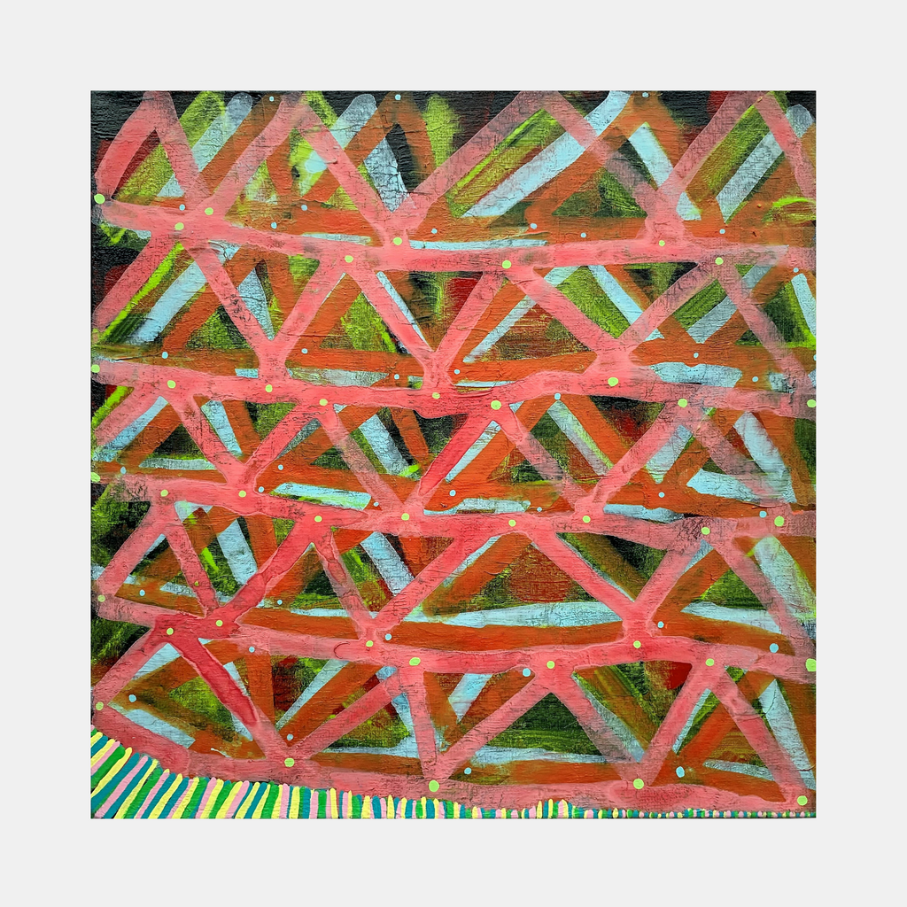 The artwork 'Composition No. 241' by Raul Ortiz features intersecting geometric patterns in coral pink and turquoise blue, layered over vibrant green backgrounds. The abstract composition displays a rhythmic lattice structure with textural brushstrokes in acrylic on linen, creating a dynamic 12x12 inch contemporary artwork. By Raul Ortiz.