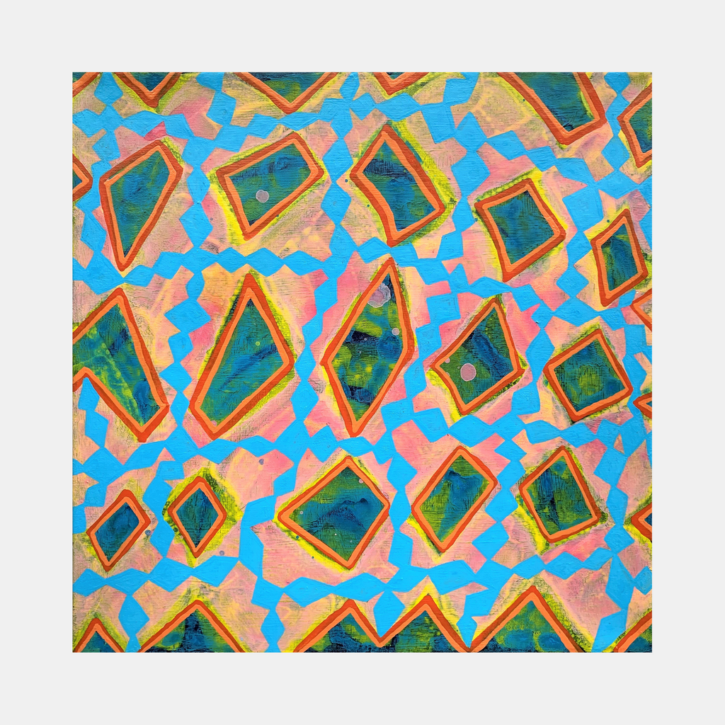 Composition No. 242 by Raul Ortiz features a vibrant geometric pattern with repeating diamond shapes in deep turquoise and emerald green, outlined in bold orange-red borders against a bright sky blue background. The abstract design showcases textural acrylic brushwork on linen, creating a dynamic rhythmic composition with a modernist aesthetic at 12x12 inches.