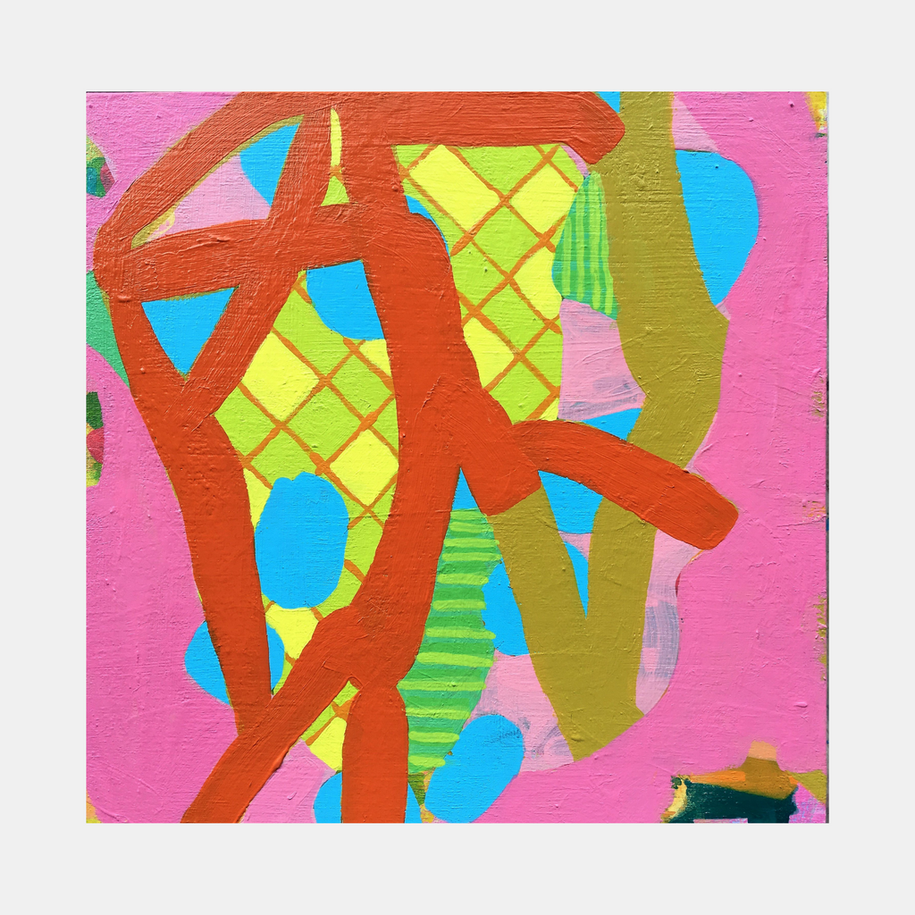 Composition No. 45 by Raul Ortiz features vibrant geometric abstraction with bold red curved lines intersecting neon yellow diamond patterns against a pink background. Bright blue oval shapes and olive green elements create dynamic movement across the 10x10 inch acrylic painting, showcasing textured brushstrokes on cradled panel.