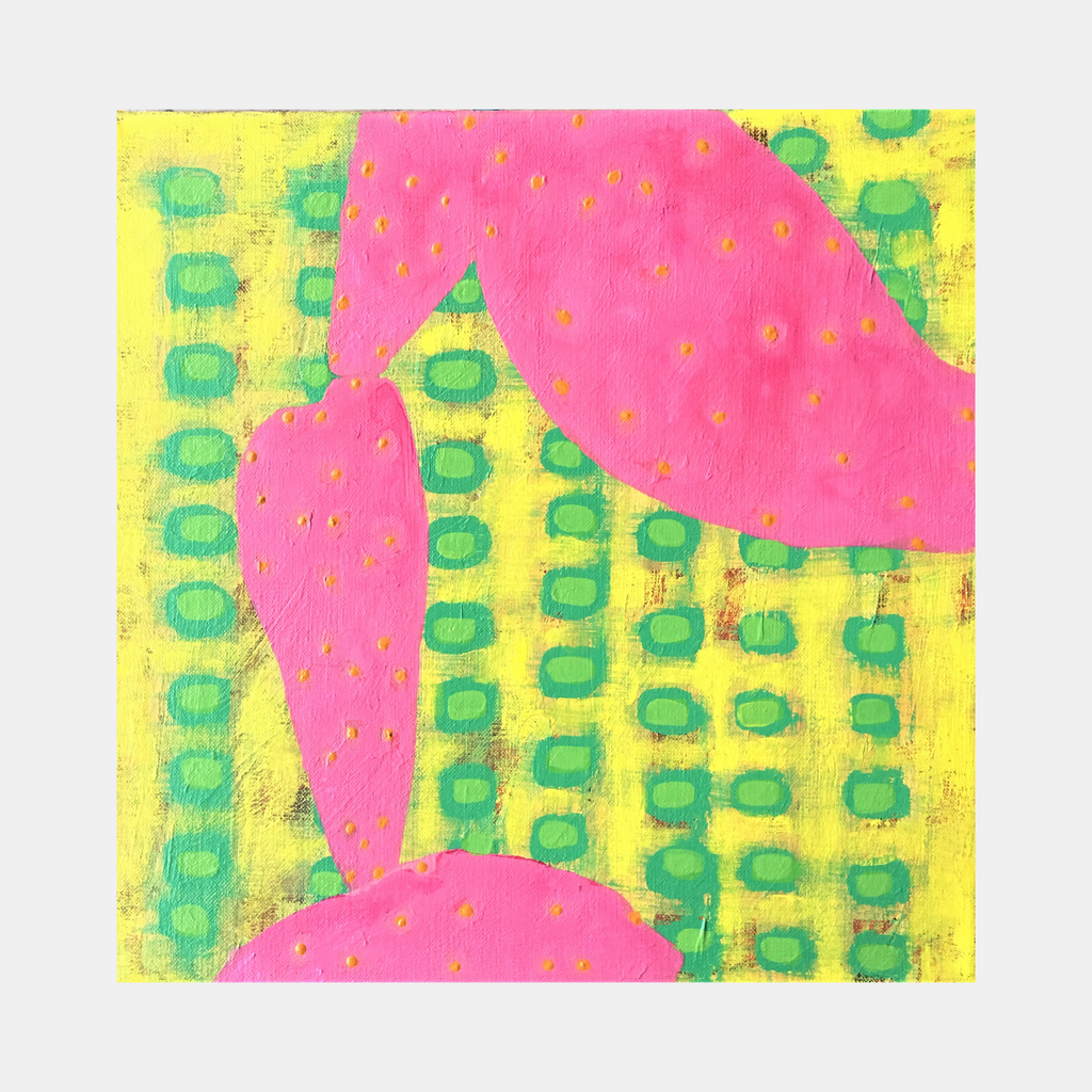 The artwork 'Composition No. 53' by Raul Ortiz features bold pink curved shapes against a vibrant yellow background, with repeating mint green circular patterns arranged in vertical columns. The acrylic on linen painting combines modern abstract design with contrasting colors and geometric elements in a 12x12 inch format. by Raul Ortiz