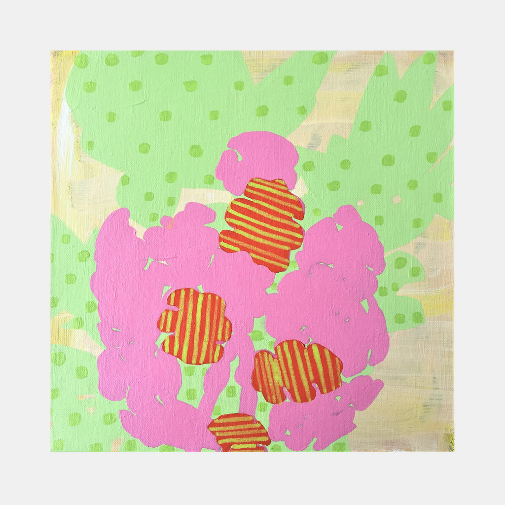 The artwork 'Composition No. 64' by Raul Ortiz features a bold pink abstract flower form with striped orange and red circular centers against a mint green polka-dotted background. Created with acrylic on linen, this 12x12 inch piece combines playful geometric patterns with organic shapes in a modern minimalist style.