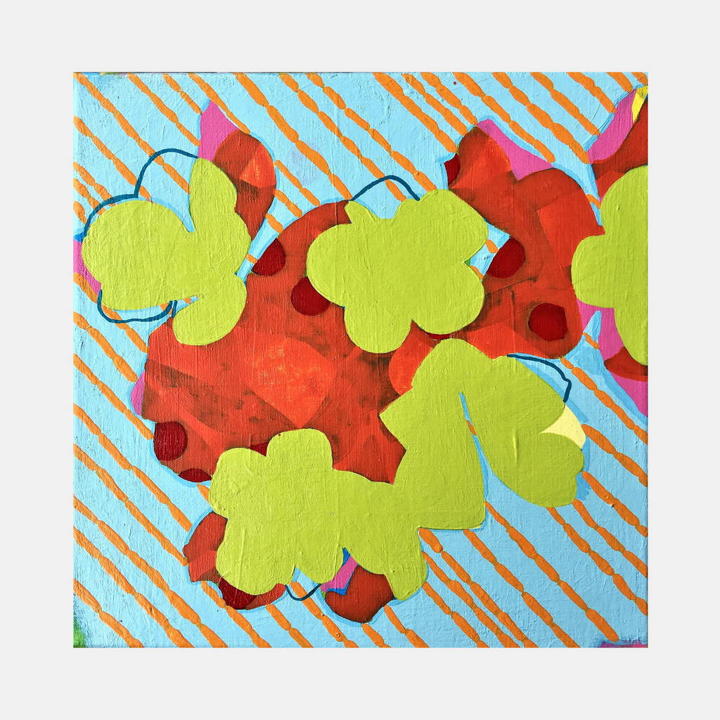 The artwork 'Composition No. 65' by Raul Ortiz features vibrant lime-green organic shapes resembling leaves or flora against a bold red background, with diagonal copper-toned stripes crossing a light blue backdrop. The 12x12 inch acrylic on linen painting combines playful abstract forms with a dynamic geometric pattern, creating a modern botanical aesthetic.
