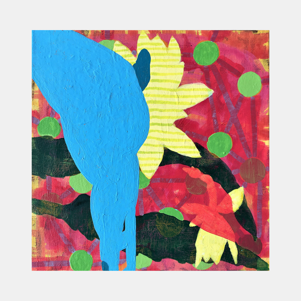 The artwork 'Composition No. 66' by Raul Ortiz features a vibrant abstract design with a bold blue bird-like shape against a dynamic red background. A striking yellow sunflower-like form and scattered green circles create playful contrast. Textured acrylic on linen captures movement and depth in this 12x12 inch contemporary piece.