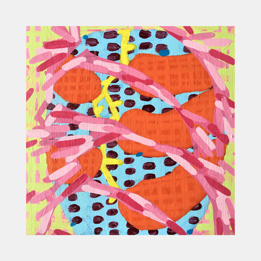 Composition No. 86 by Raul Ortiz features vibrant abstract patterns with curved pink brushstrokes intersecting orange circular forms against a lime green background. Light blue segments with dark spotted details create a rhythmic composition. The acrylic painting on cradled panel showcases a dynamic interplay of colors and organic shapes.