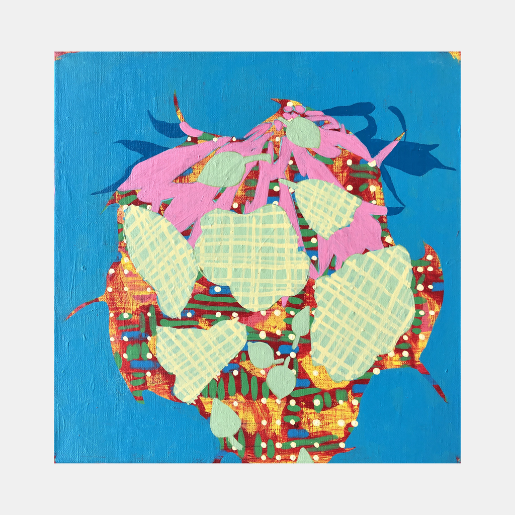 The artwork 'Composition No. 88' by Raul Ortiz features vibrant abstract shapes on a bright blue background. Mint green geometric patterns with crosshatch textures overlap with pink organic forms, accented by red and orange decorative elements with dotted details. Acrylic on linen creates rich textural depth in this 12x12 inch contemporary composition.