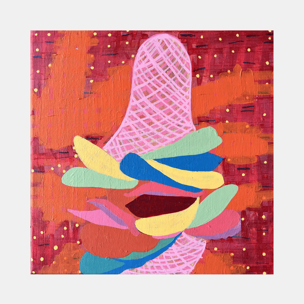 The artwork 'Composition No. 93' features a vibrant abstract design with a pink crosshatched central form surrounded by curved shapes in yellow, blue, mint green, and coral against a rich orange-red background with white dotted texture. Acrylic on linen, 12x12 inches by Raul Ortiz.