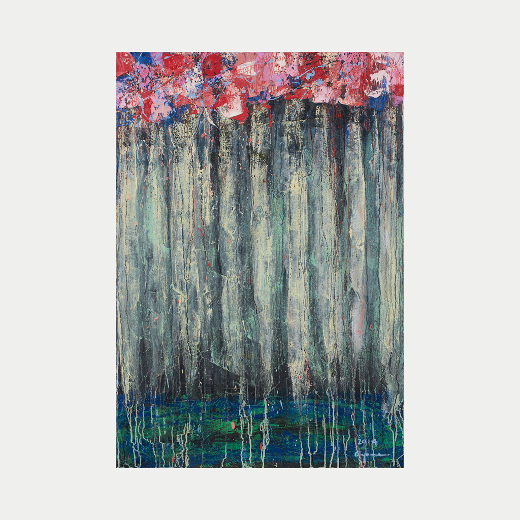 The artwork 'Composition for Nijinsky' by Ayane Kurai features dramatic vertical drips in muted gray-blue tones cascading down the canvas, topped with vibrant coral and pink hues. The bottom section transitions into deep emerald and navy, creating a moody abstract landscape effect. Oil on canvas, the piece showcases expressive brushwork and a distinctive drip painting technique.