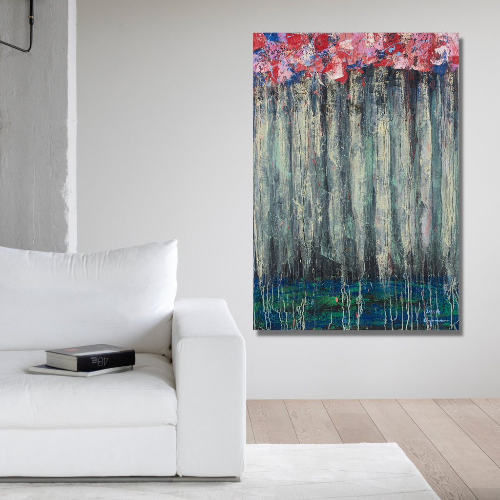 The artwork 'Composition for Nijinsky' features vertical streaks of muted green and gray, reminiscent of a rain-soaked forest, crowned with vibrant coral and red blooms. The abstract painting showcases dripping techniques, with turquoise undertones at the base creating depth and movement. Oil on canvas, 52x36 inches, by Ayane Kurai.