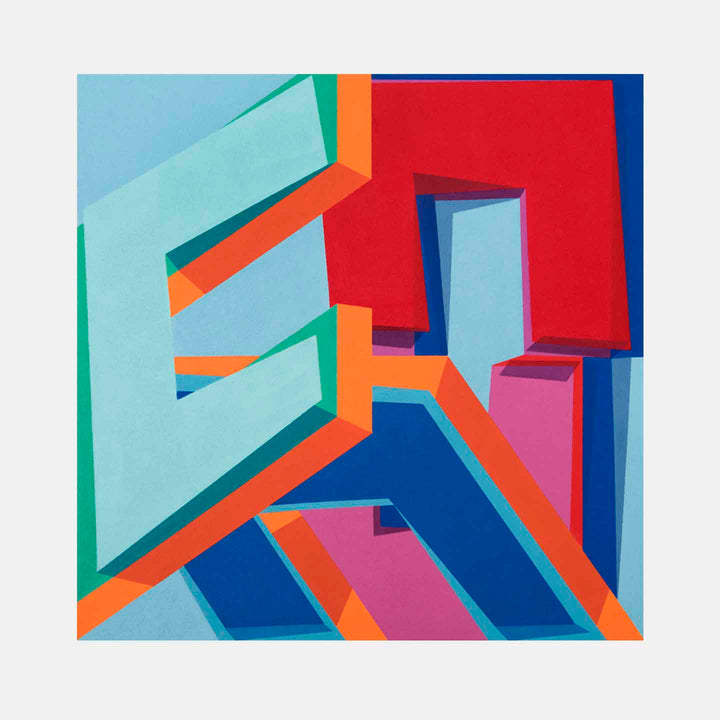 The artwork 'Conditional Probability' by Kati Vilim features bold geometric shapes in vibrant colors. Angular forms in turquoise, red, orange, and blue create a dynamic 3D composition with sharp shadows and intersecting planes. The abstract design suggests architectural elements through precise geometric abstraction, painted in oil on canvas with clean edges and strong color contrasts.