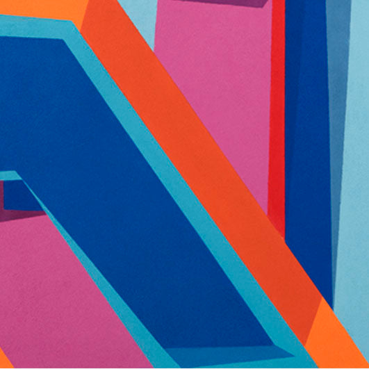 The artwork 'Conditional Probability' by Kati Vilim features bold geometric abstractions with diagonal lines and sharp angles in vibrant blues, orange, and pink. Oil on canvas composition showcases clean edges and dynamic spatial relationships between overlapping shapes, creating depth and movement through color blocking. By Kati Vilim.