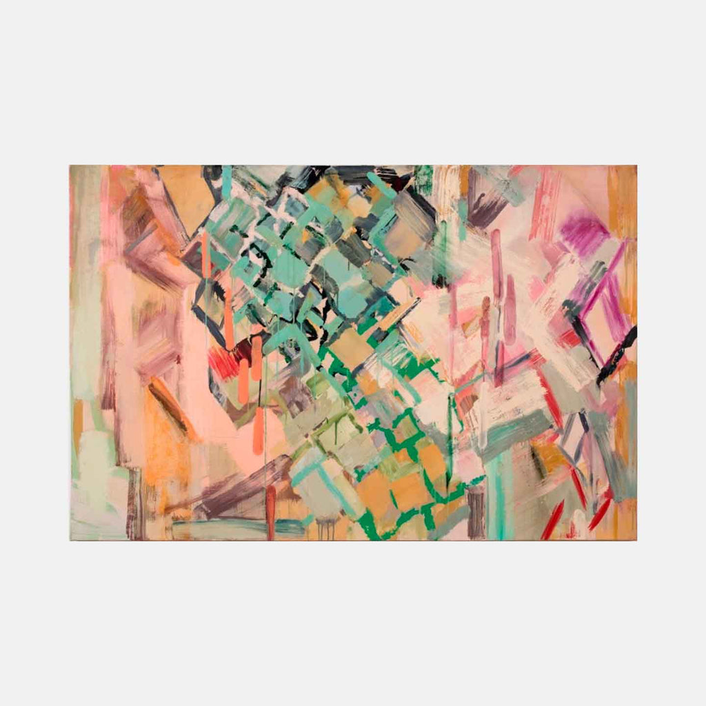 The artwork 'Confluence' by Molly Herman features dynamic abstract brushstrokes in turquoise, coral, and peach tones. The oil painting showcases a central cascade of geometric shapes in seafoam green, surrounded by energetic angular forms in warm pastels. The composition merges bold gestural marks with delicate color transitions, creating a sense of movement and depth.