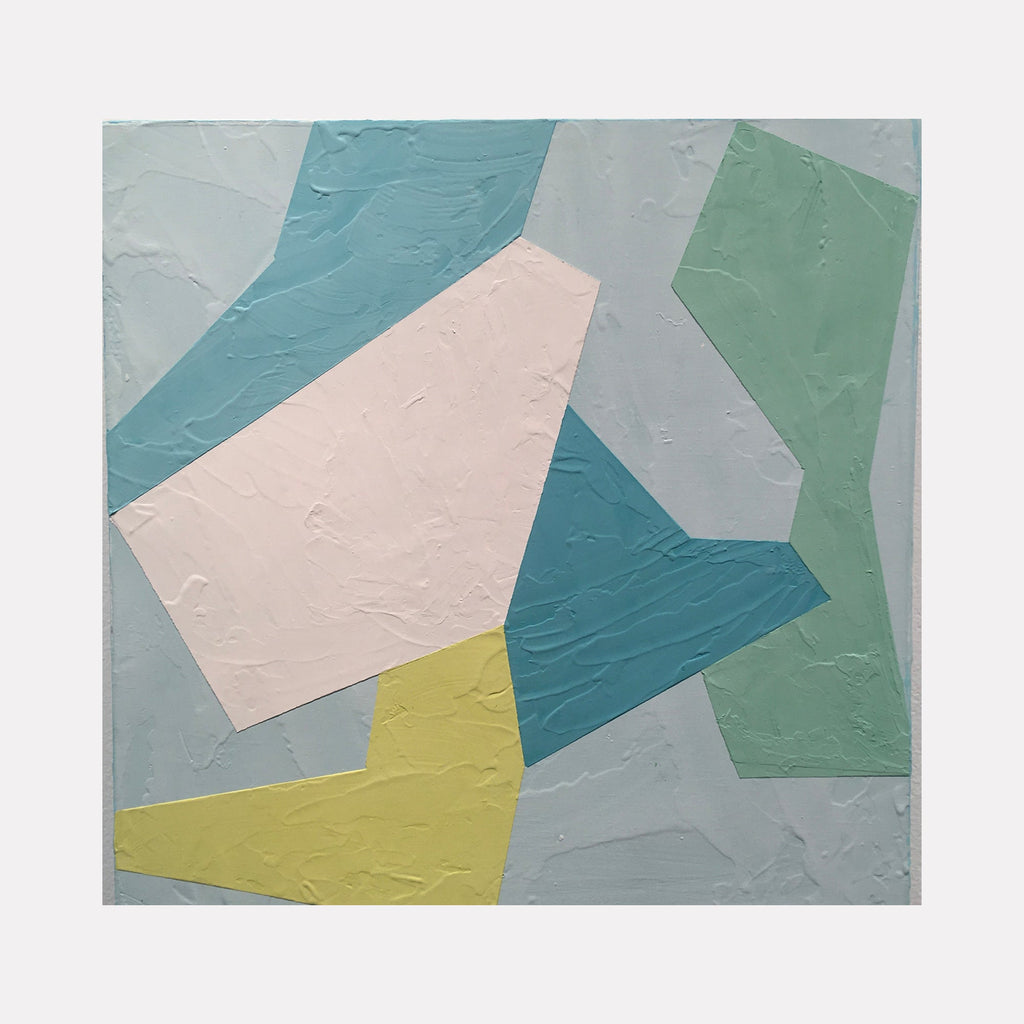 The artwork 'Connection III' by Kati Vilim features geometric abstract shapes in soft pastel colors - blush pink, seafoam green, turquoise blue, and pale yellow - rendered in textured Venetian plaster and acrylic on panel. The angular forms intersect creating a dynamic modern composition with rich surface texture. By Kati Vilim.
