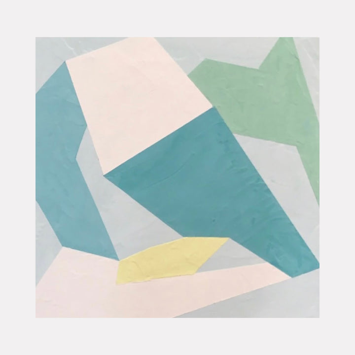 The artwork 'Connection II' by Kati Vilim features an abstract geometric composition with overlapping angular shapes in soft pastel colors. Teal blue, mint green, pale yellow, and blush pink forms create a harmonious arrangement against a light gray background, executed in Venetian plaster and acrylic on panel.